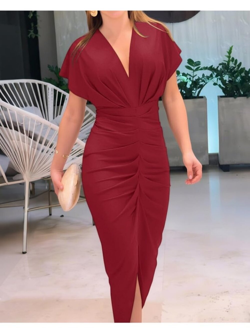 Women's Red Polyester Elastane Floral Print  V Neck Slit Bodycon Midi Dress - Picture 5 of 5